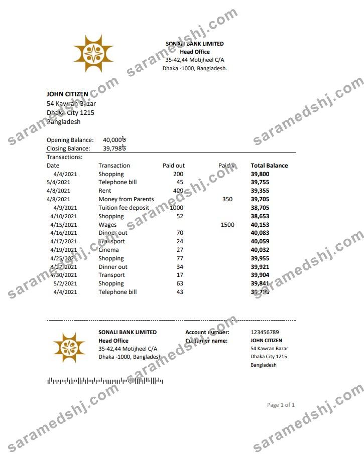 Bangladesh Sonali bank statement easy to fill template in Excel and PDF format